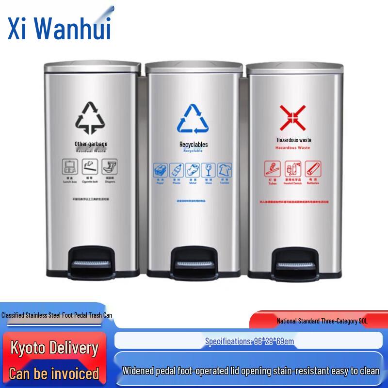 Xiwanhui XWH0121 90L Commercial Stainless Steel Pedal Waste Sorting Bin