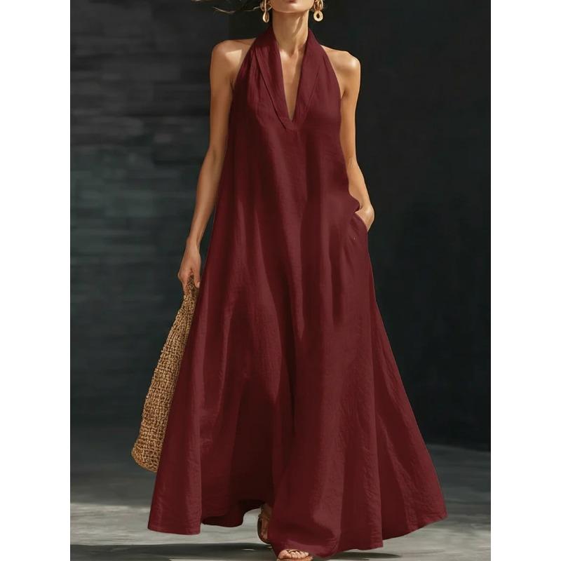 Elegant V Neck Loose Dresses Summer Women's 2026 New Neck-Hanging Long Holiday Party A-line Dress Women Street Chic Youth Loose Fashion Dress