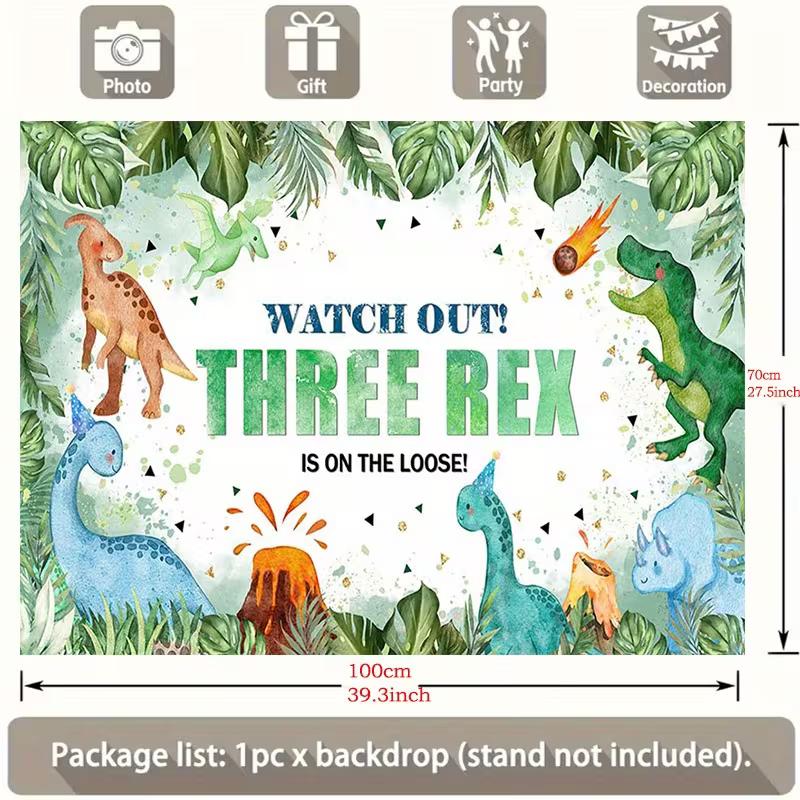 2D Flat Watercolor Jungle Dinosaur Backdrop for Boy's Third Birthday Decoration