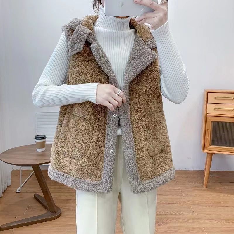 Зимний жилет, куртки из овечьей шерсти, утолщенный теплый жилет, женский отложной воротник, скрытые карманы на пуговицах, верхняя одежда, пальто без рукавов
