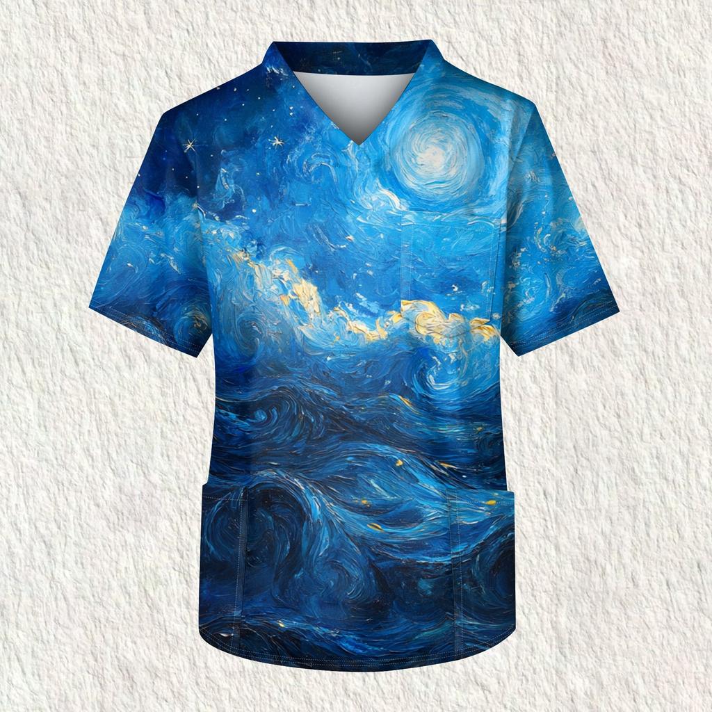 Мужская рабочая блузка с короткими рукавами и v-образным вырезом с принтом, топ с нагрудным карманом