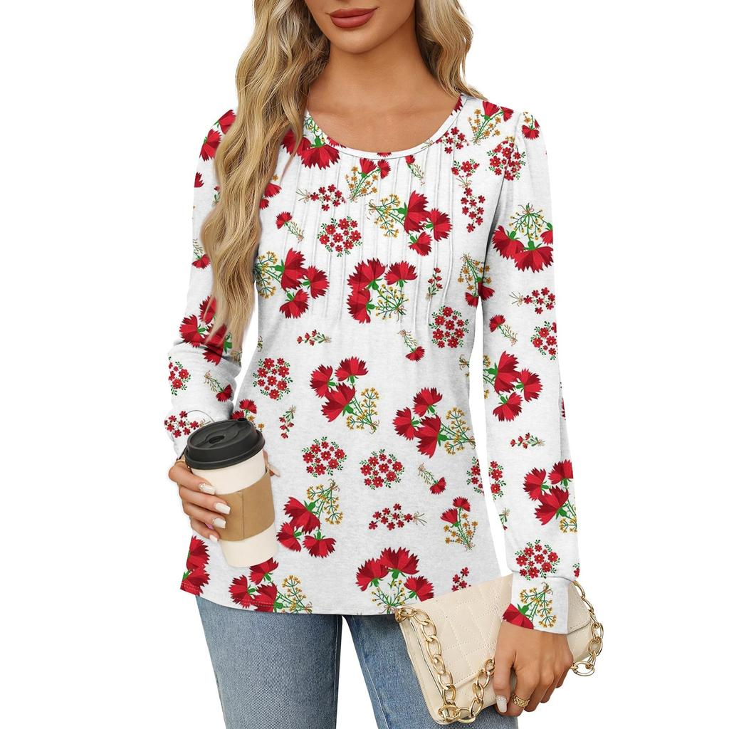 Рубашки с длинным рукавом для женщин, футболки с милым принтом и графикой, блузки, нарядные повседневные блузки, плиссированные топы-туники с овальным вырезом