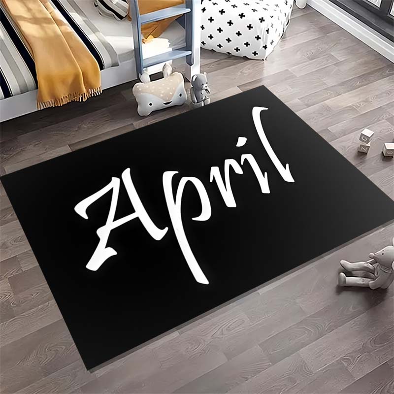 Black Background April Letter Text Print Area Rug Non‑Slip Rectangular Floor Mat Simple Modern Home Entry Decor