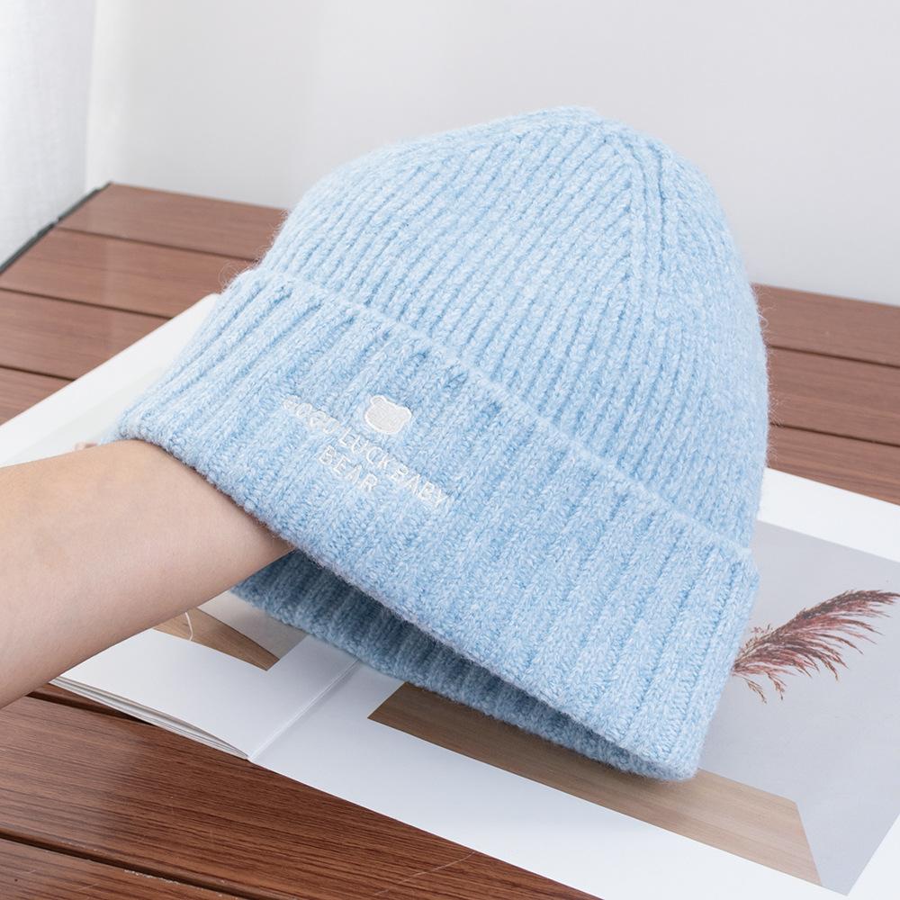 Cute bear face small knitted hat women's winter versatile face embroidery wool hat ear protection warm cold hat