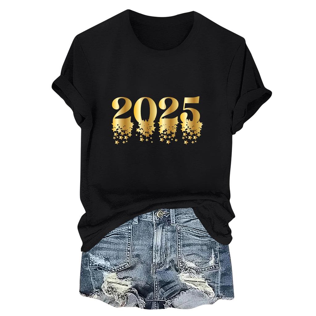 Женская повседневная футболка с круглым вырезом и коротким рукавом 2025 года с новогодним принтом