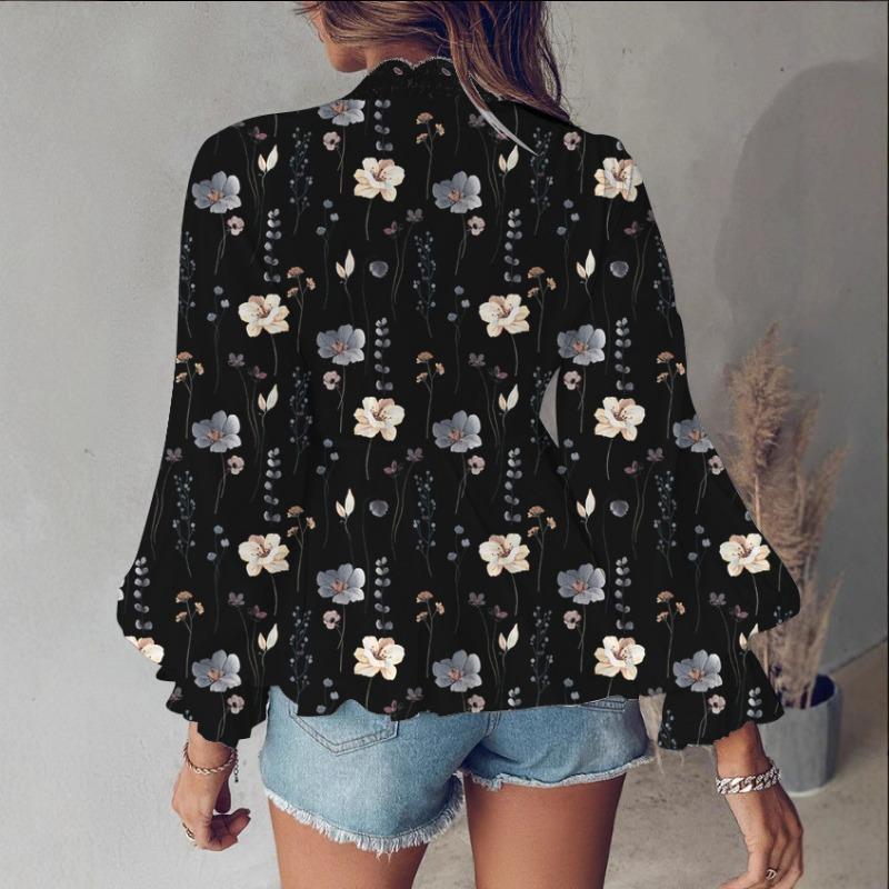 2025 Весна и Осень Новая Женская Рубашка с V-образным Вырезом и Кружевной Отделкой