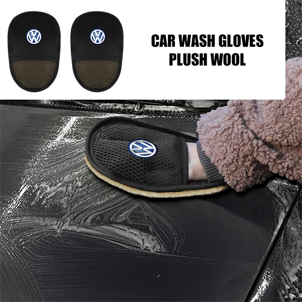 FD09-Valve Stems Caps Car Logo Soft Wool Car Wash Gloves Washing Mitt For Volkswagen VW GTI Golf Polo Passat CC Tiguan Rline Touareg