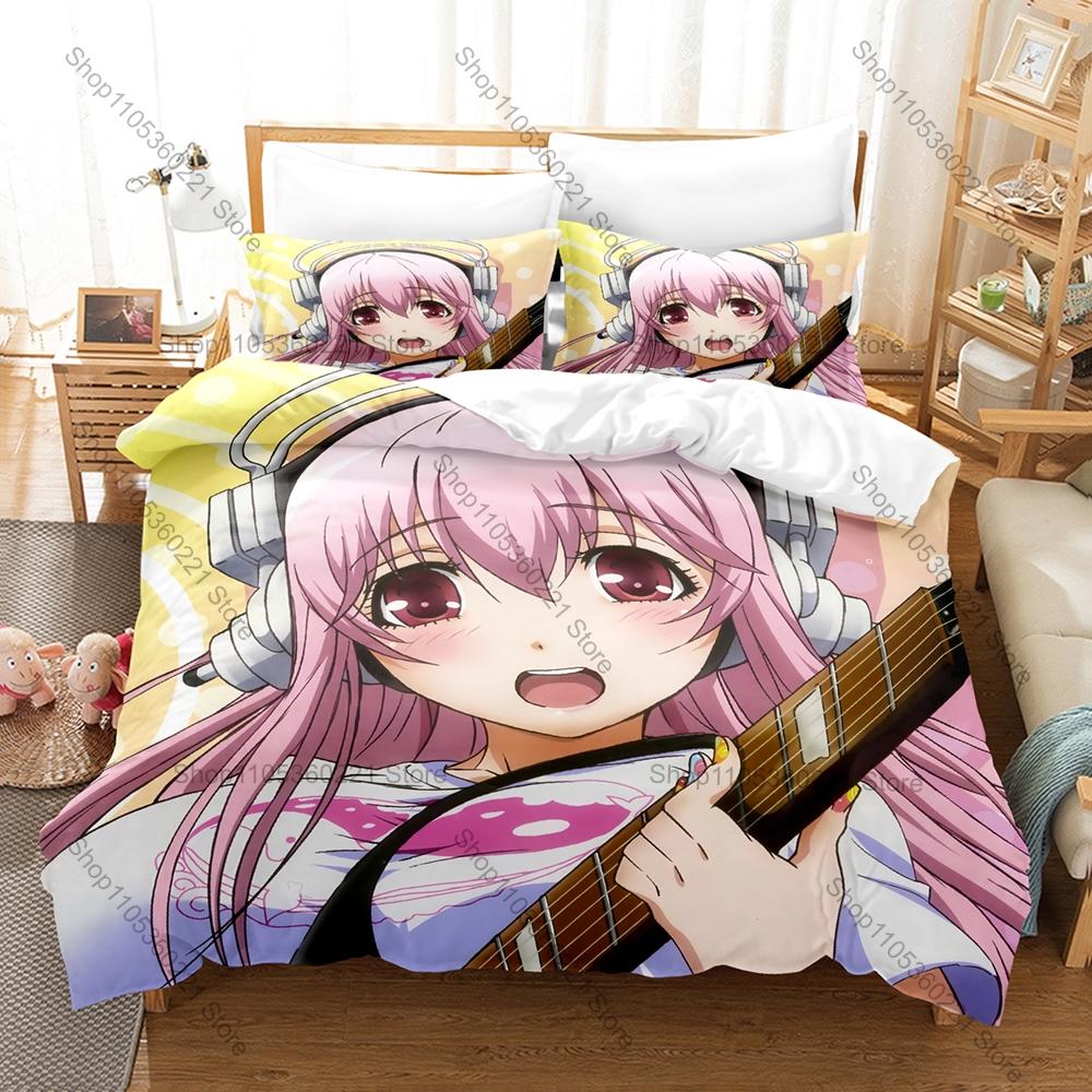 Anime Style Bedding Set, Duvet Cover + 2 Pillowcases, Super Sonico Design Comfortable Home Bedding Supplies