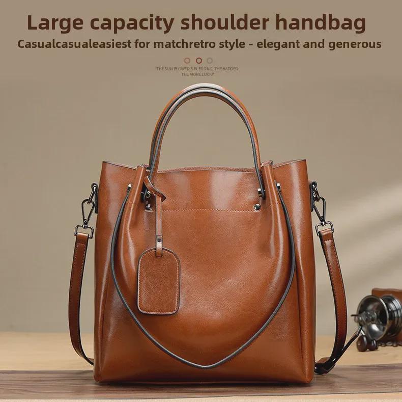 «Женская сумка из вощеной коровьей кожи 2025 года: Сумка через плечо из натуральной кожи, корейский стиль, большая повседневная женская сумка.