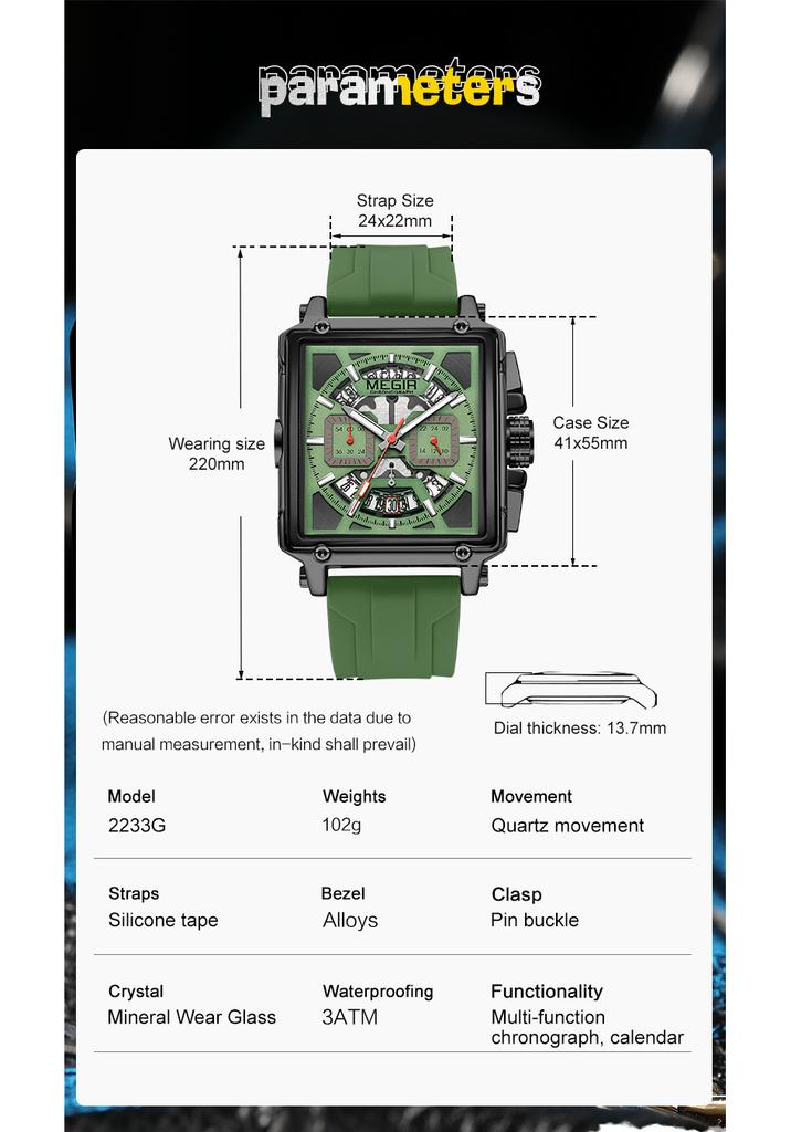 MEGIR Top Brand Men Watches Fashion Sport Military Chronograph Luminous Square Silicone Band Quartz Wristwatch Montre Homme 2233