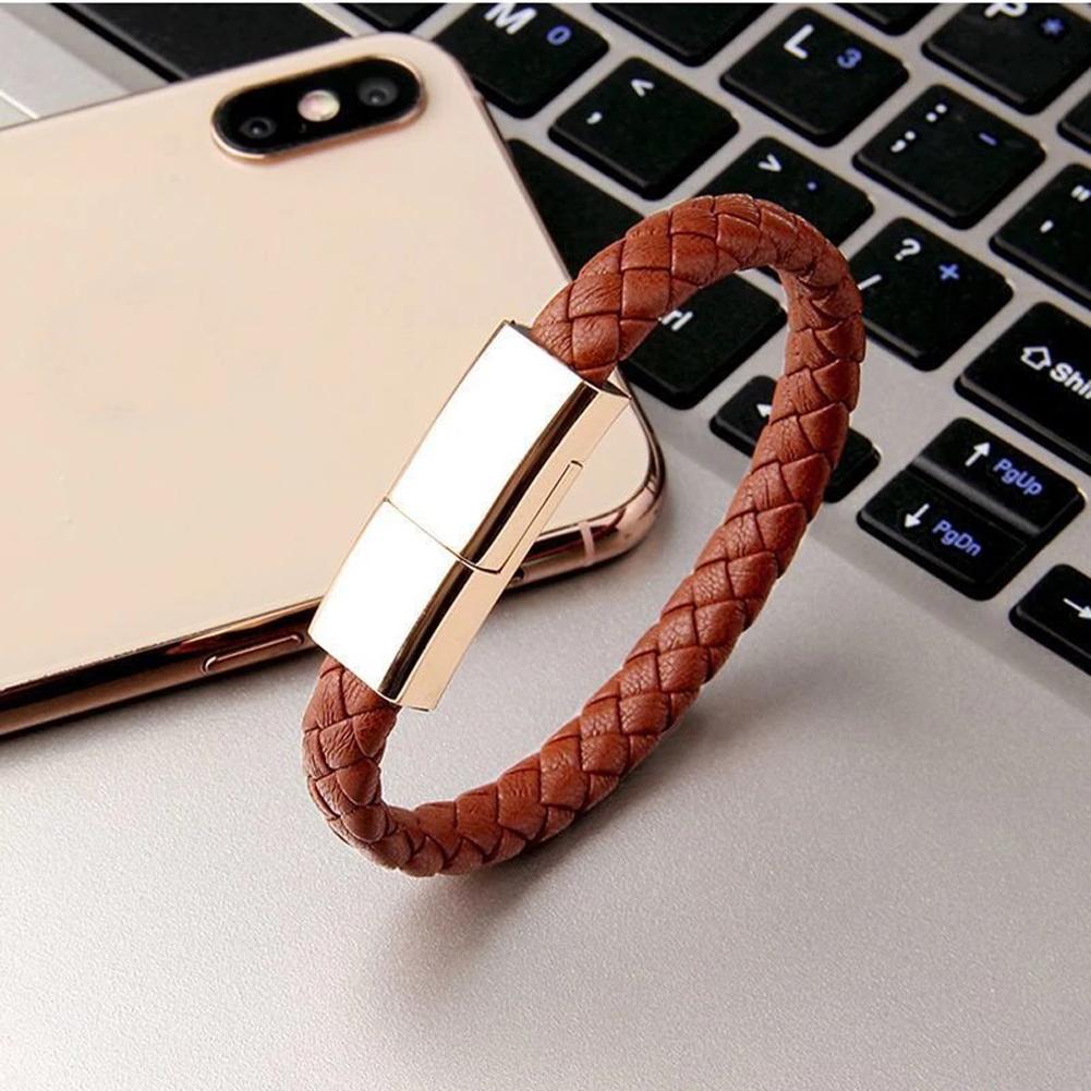 EONLINE 3A 3D Portable Leather PD Mini Micro USB Bracelet Super Fast Charger Data Charging Cable Sync for Android Type-C Phone