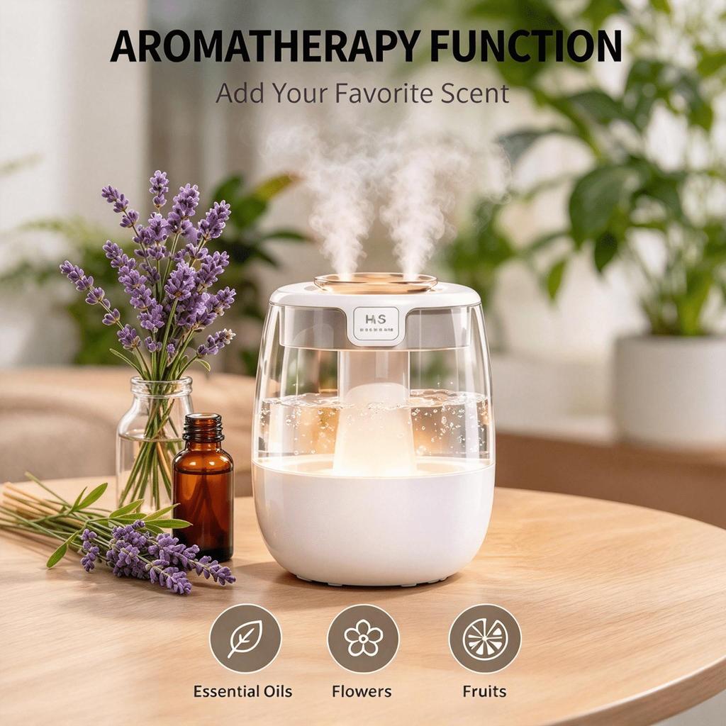 Ultrasonic Desktop Air Humidifier, Dual Nozzle Fine Mist Humidifier with Aromatherapy Essential Oil Function