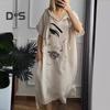 Women Dress Face Print Loose Hooded Drawstring Bohemian Short Sleeves Urban Style Slit Hem Pullover with Side Pocket Mid-calf Length Midi Dress