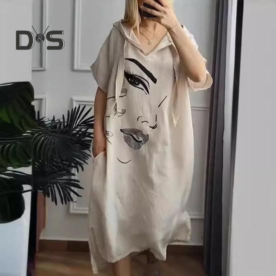 Женское платье с принтом лица, свободное платье с капюшоном и шнурком в богемном стиле с короткими рукавами, городской стиль, пуловер с разрезом по краю и боковым карманом, платье миди длиной до середины икры