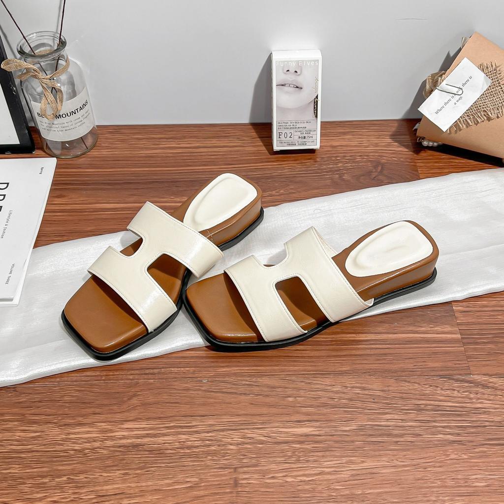 Summer new thick-bottomed cool slippers for women, high-end Korean version of temperament double-row one-word with temperament slippers for women