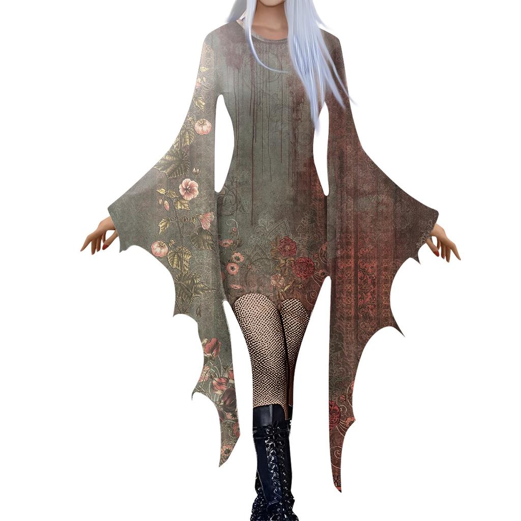 Женская мода готический панк летучая мышь рукава Хэллоуин принт нестандартное вечернее платье