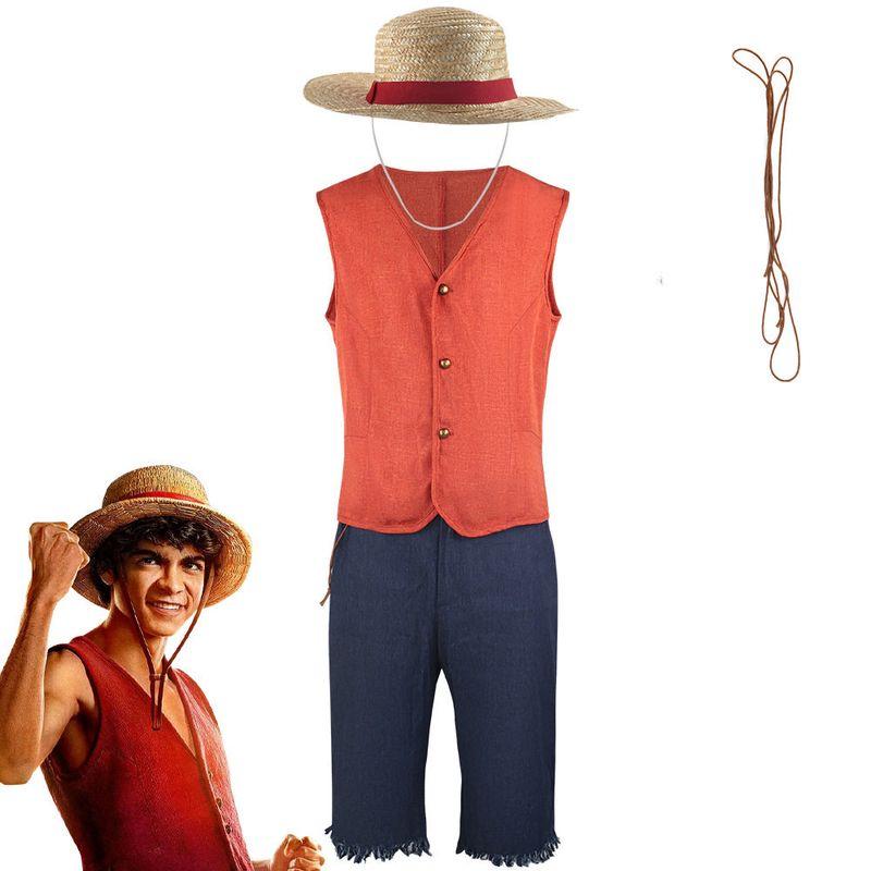 Movie Cosplay Costume for Men, Same Style as Luffy, with Vest and Straw Hat, Halloween Performance Outfit, Real-Life Version Luffy Cosplay Costume