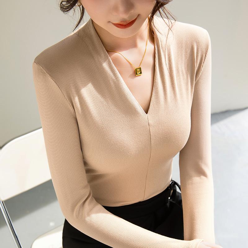 Threaded Base Shirt for Women New For Women Sexy Deep V Fashionable Button-down Underneath Tight Long-sleeved Top