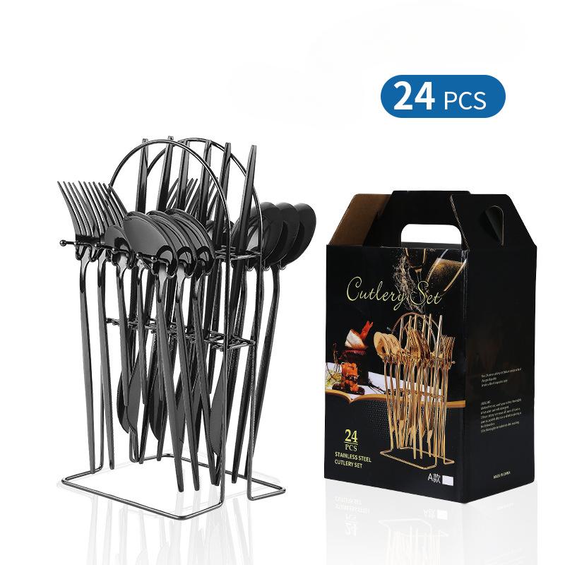 24-Piece Stainless Steel Tableware Set Western Food 4 Main Pieces Portugal Knife, Fork and Spoon with Storage Rack Gift Set