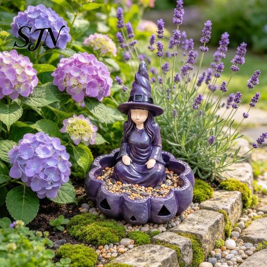Unique Housewarming Gifts Meditating Witch Garden Bird Feeder, Halloween Resin Sitting Statue Tabletop Decor Outdoor Wall Mounted Feeder for Deck Yard