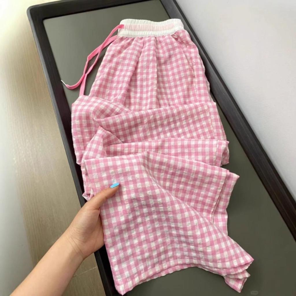 2025 Summer Women's Blue & White Check Fake Two-Piece Wide-Leg Casual Pants