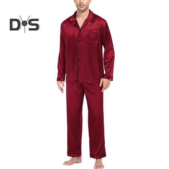 2 шт./компл. Шелковый атласный мужской пижамный комплект с пуговицами, длинными рукавами, верхом из пижамы с воротником-стойкой, пуговицами спереди, нагрудным карманом, длинными штанами, одежда для сна