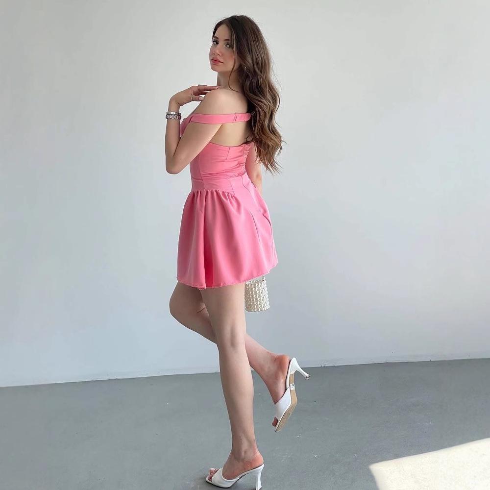 2025 Лето Европейское и Американское Женское Платье на Одно Плечо Сексуальное Подчеркивающее Талию Однотонное