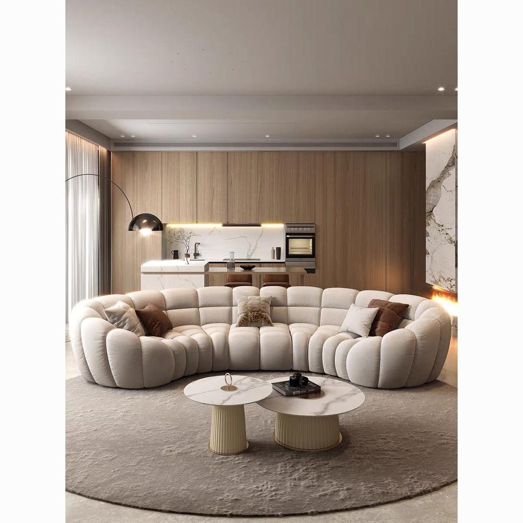 French Curved Cream Fabric Sofa - Italian Villa Design, Creative Bubble Style, Wood Frame