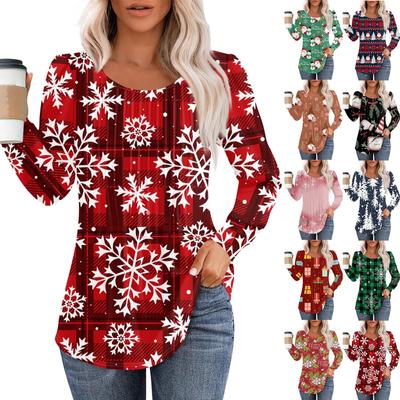 Женская повседневная футболка с круглым вырезом и длинными рукавами с рождественским принтом и складками
