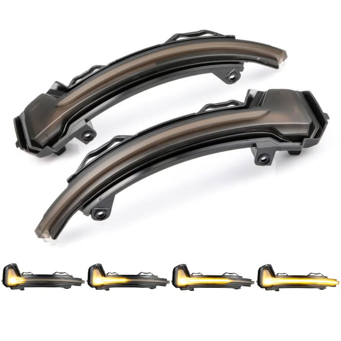 Volkswagen compatible door mirror sequential turn signals with LEDs for VW Flowing turn signals with smoked Tiguan, Touareg, etc. lenses.