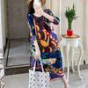 Wrinkled Women's Vacation Style Printed Dress, Autumn New Color Matching, Fashionable and Slimming, Shaking Skirt for Children