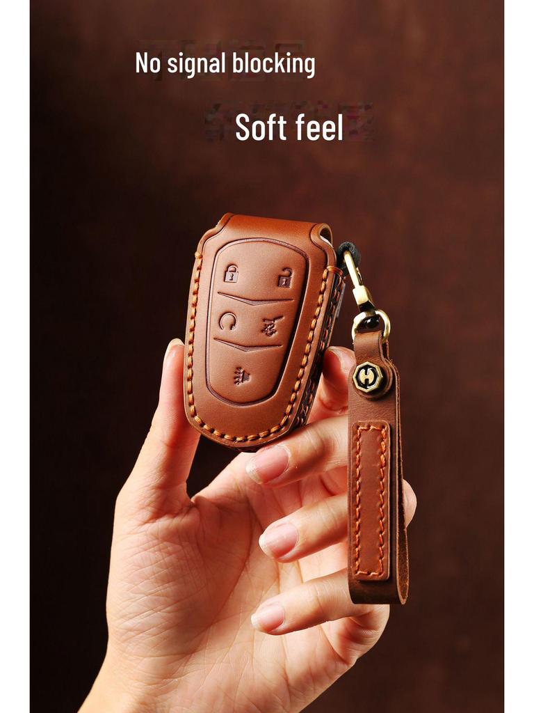 Чехол для ключа автомобиля из натуральной кожи и цепочка Cadillac XT4/XT5/XT6 - Ручная работа и высококлассный дизайн