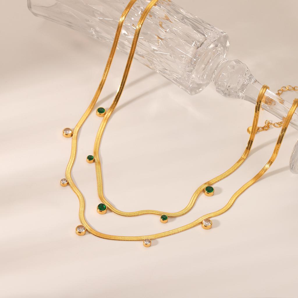 18K Gold Stainless Steel Snake Chain Necklace with Round Zircon, Women's Niche High-end Titanium Steel Clavicle Chain