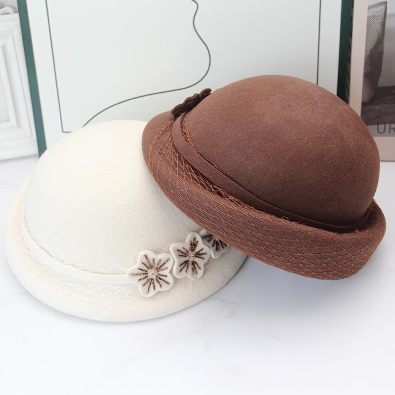 French elegant woolen top hat women's autumn and winter mesh yarn three beads flower crimped pot hat retro domed felt hat