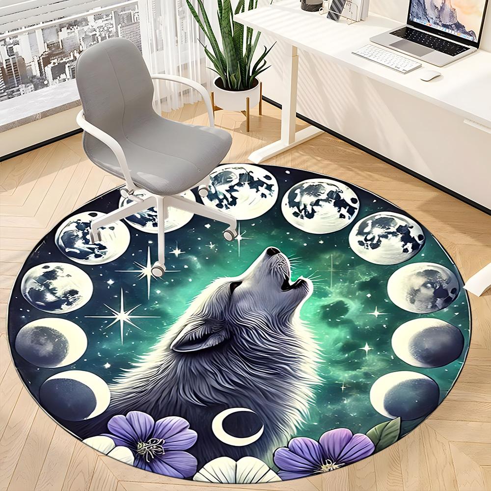 1pc Moon Wolf Office Round Area Rug, Under Office Chairs Bedroom Living Room Home Decor, Room Deco