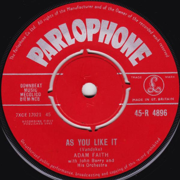7-дюймовая пластинка ADAM FAITH JOHN BARRY HIS ORCHES As You Like It 45R4896 Parlophone 1962 UK Rock Б/у