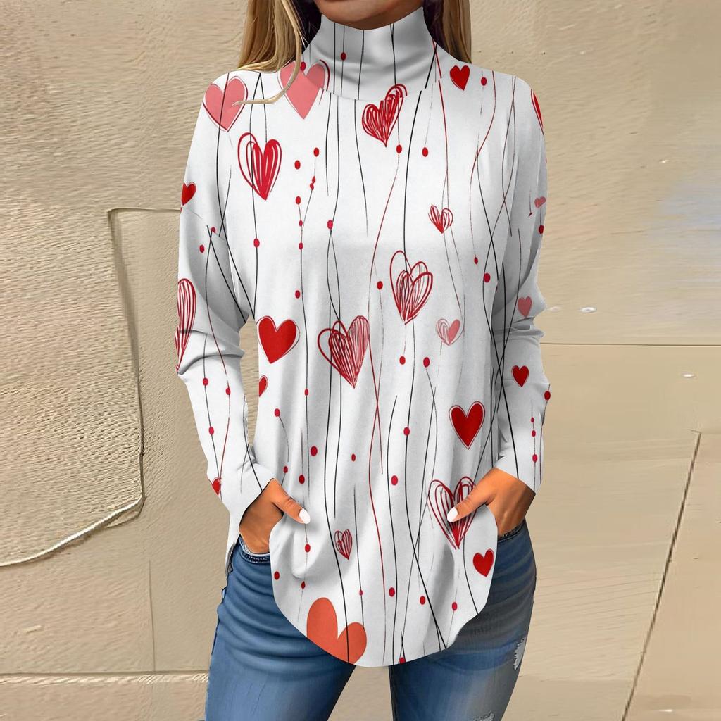 Футболки для женщин, осенние повседневные рубашки с длинным рукавом, толстовка с принтом, топ с высоким воротом, пуловер