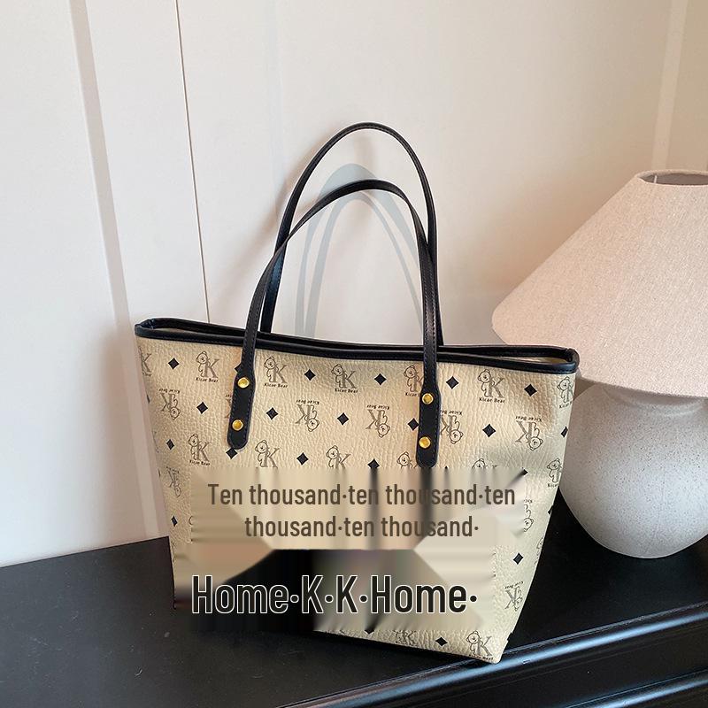 Women's High-Capacity Bear Print Tote Bag - Stylish Shoulder Handbag for Outings & Class