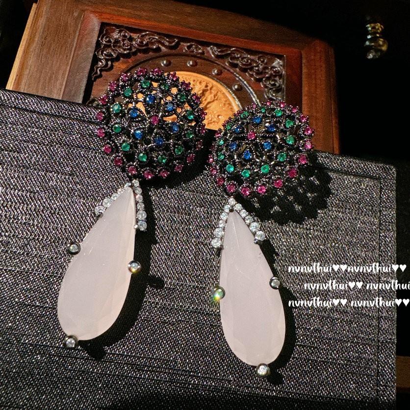 Серьги-гвоздики Papalacha Flower Gemstone, Золото дочери богатой семьи, Покрытие 18-каратным золотом, Цветочная пластина, Цветной Циркон-сокровище, Серьги-капли воды