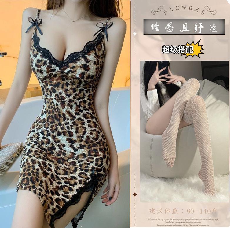 Sexy lingerie leopard print suspender nightgown passion seduction lace bed flirting suit flirting lingerie