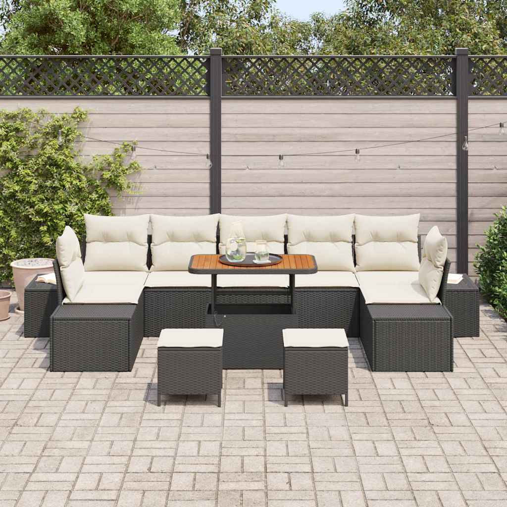 10 Piece Black Poly Rattan Garden Sofa Set with Cushions