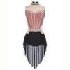 Women Lyrical Dance Dress Mock Neck Sleeveless Backless Shiny Rhinestones Color Block Mesh Skirted Leotard