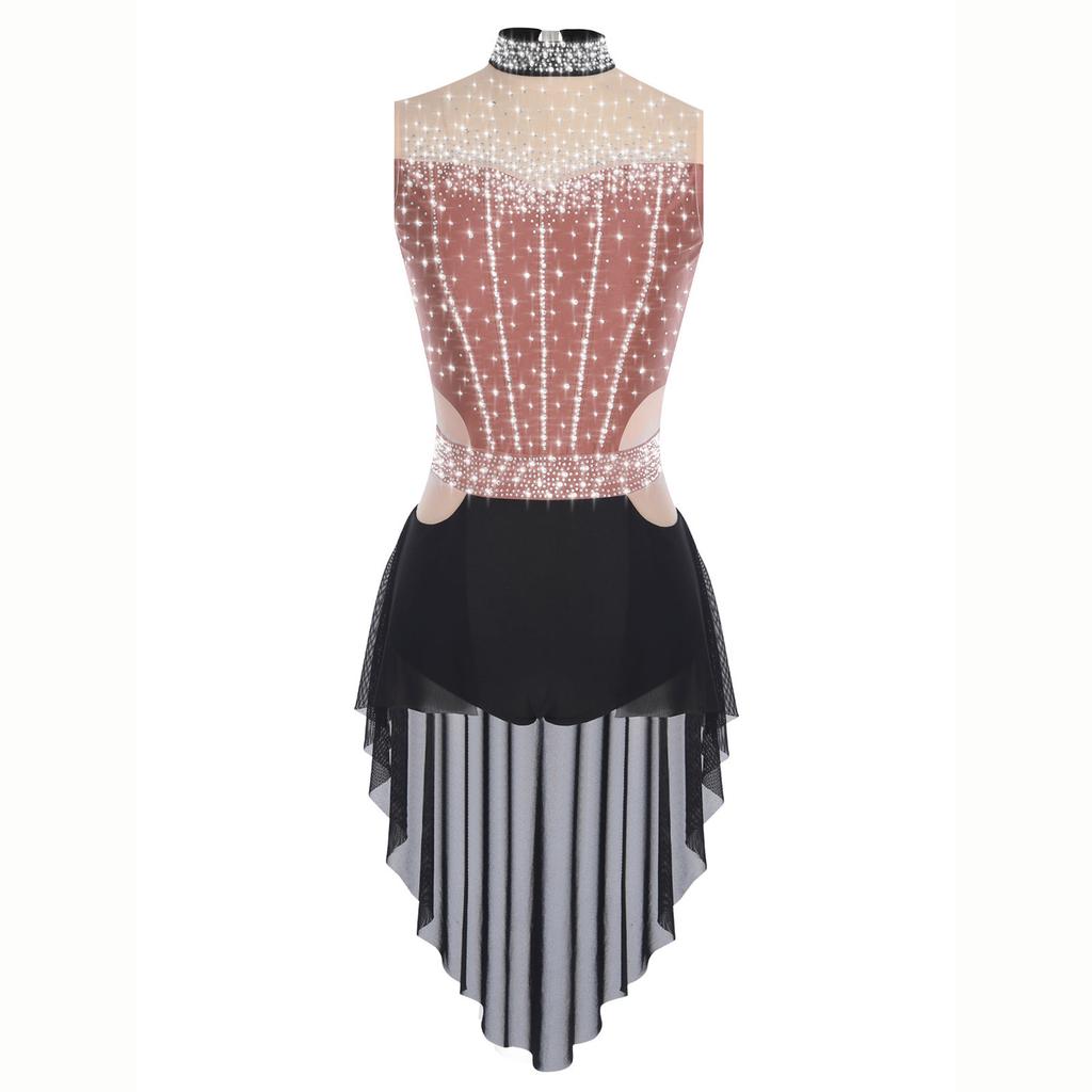 Women Lyrical Dance Dress Mock Neck Sleeveless Backless Shiny Rhinestones Color Block Mesh Skirted Leotard