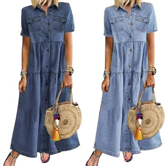 Платье для отдыха с отложным воротником, однобортное, с коротким рукавом, женское, ретро, длинное, свободное