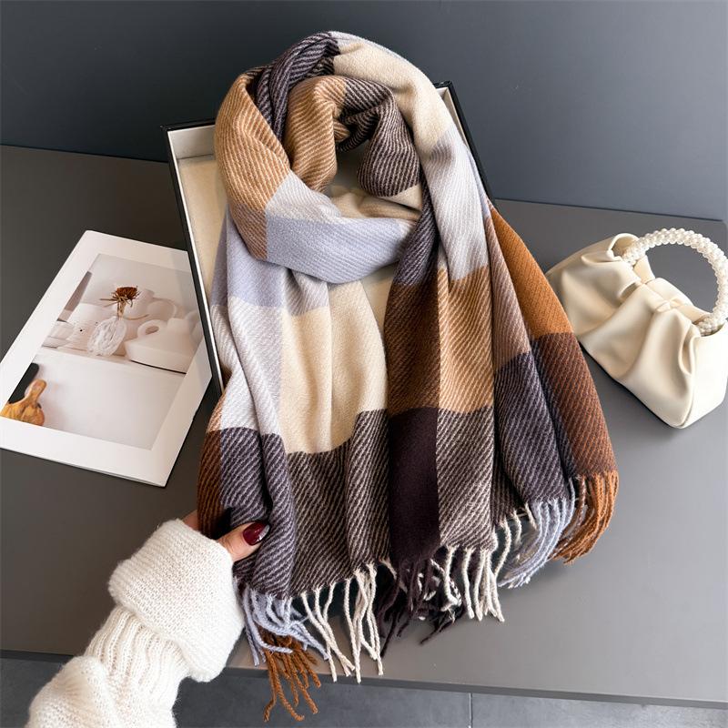 Thick Scarf Women Cashmere Plaid Tassel Winter Warm Scarves Soft Shawl Wrap Elegant Neck Scarf For Ladies Daily Wear Gift