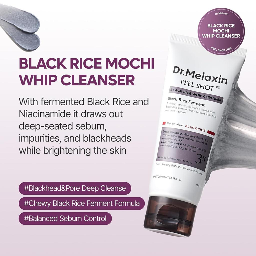 Очищающий мусс Dr.Melaxin Peel Shot Black Rice Mochi Whip 100 мл, разработанный для черных точек, забитых пор, избытка кожного сала и тусклой кожи