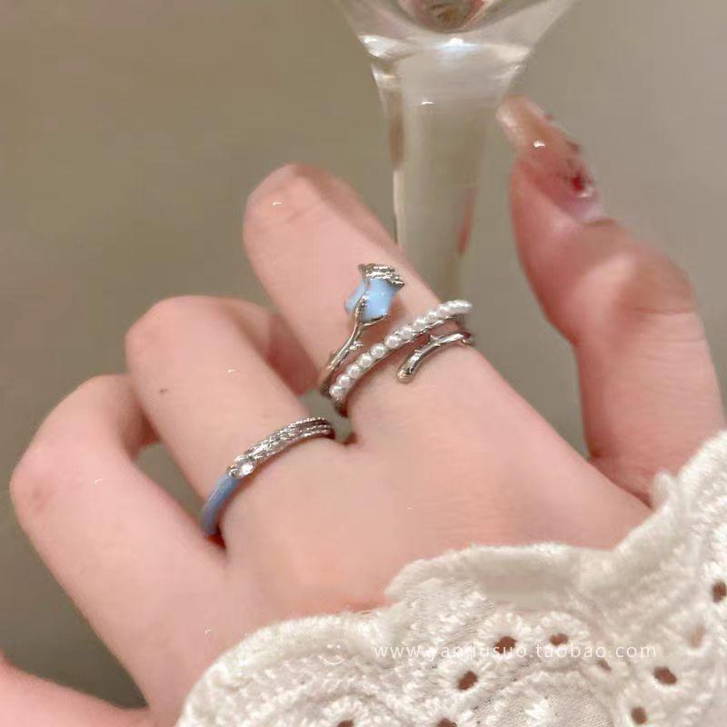2025 Blue Rose Glaze Pearl Open Ring: Luxurious High-End Jewelry for Women