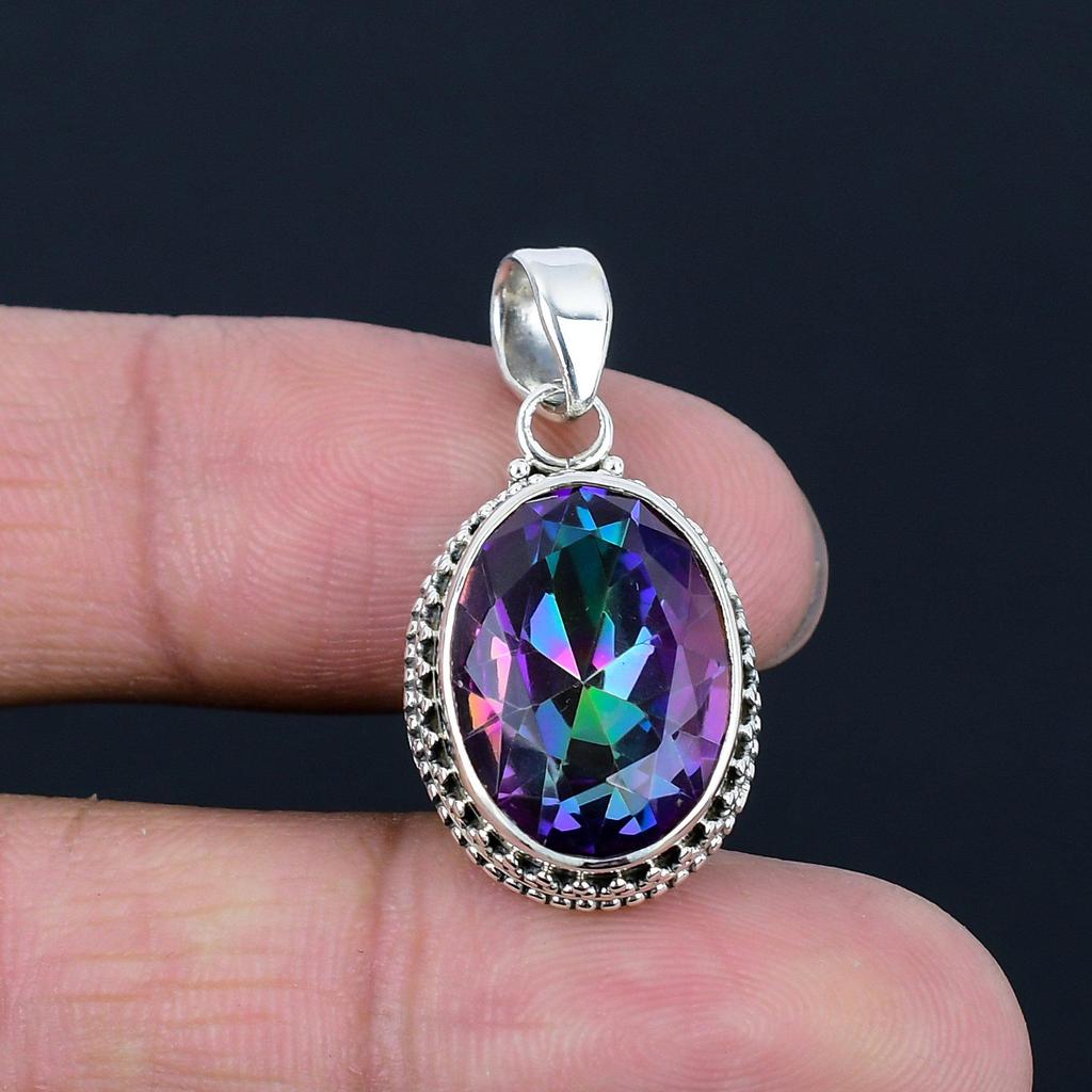 Подвеска из натурального мистического топаза с драгоценным камнем, серебро 925 пробы, многоцветный драгоценный камень, подвеска ручной работы, ювелирный подарок на День святого Валентина