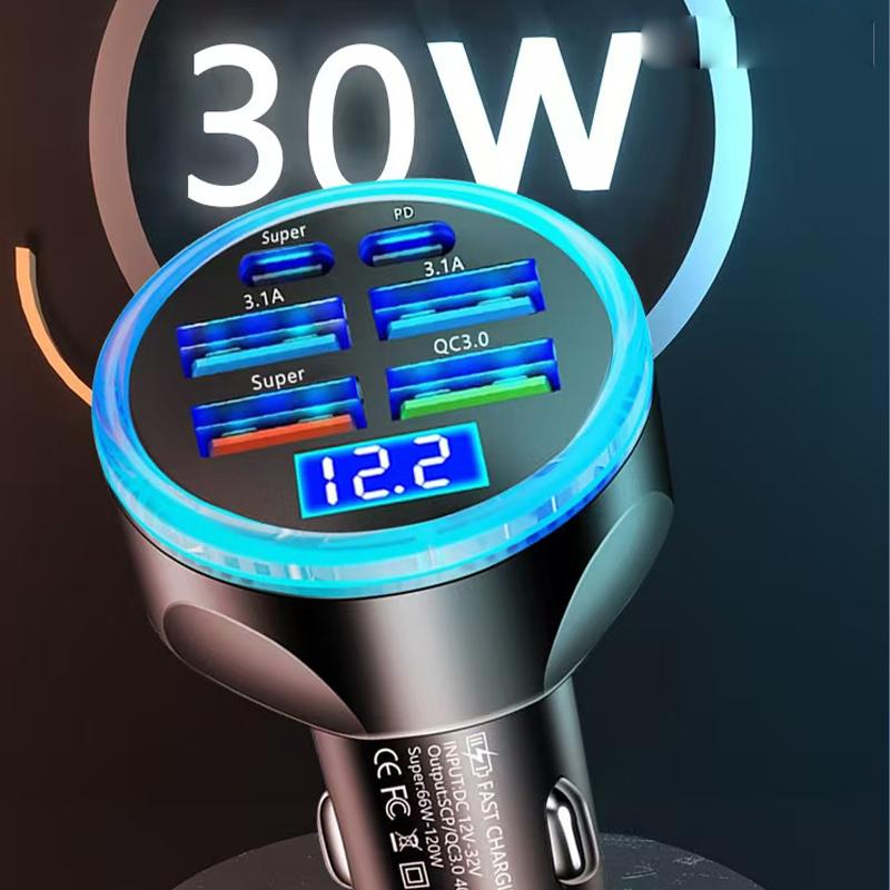 Автомобильное зарядное устройство 6 в 1 с поддержкой PD 30 В, USB, вольтметром, Type C, 4 USB A, многопортовый, супербыстрая зарядка, с индикатором напряжения, новое