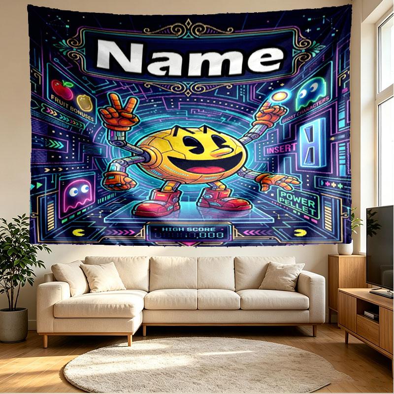 Custom Name Personalized PAC MAN Print Tapestry, Wall Art Decor, Bedroom, Dorm, Apartment, LivingRoom, Party Backdrop, Gift for Birthday